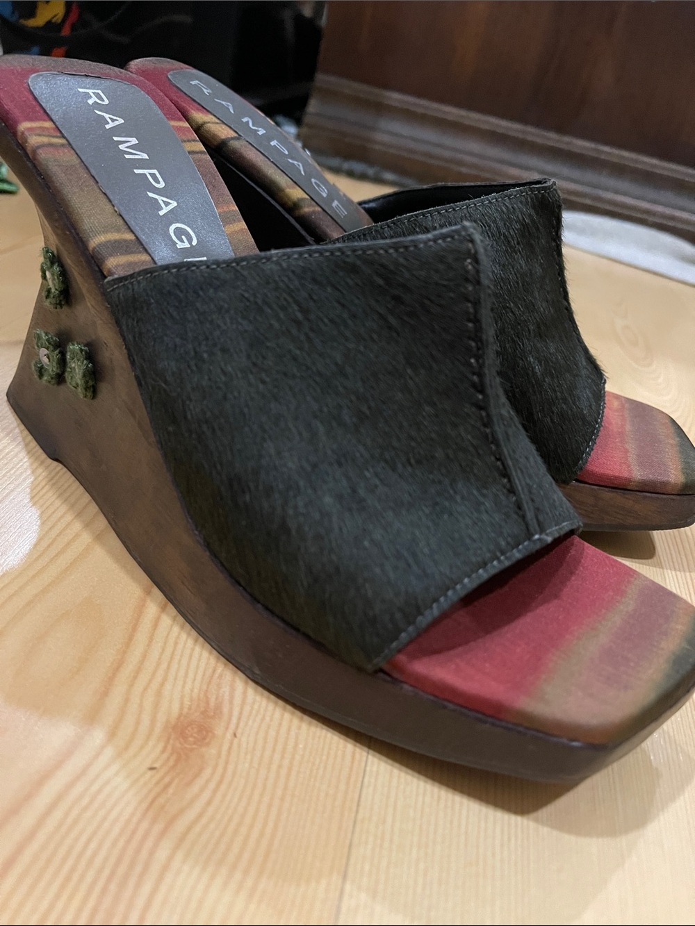 Y2K! Rampage Black Faux-Hair Wedge Sandals with Multicolor Footbed